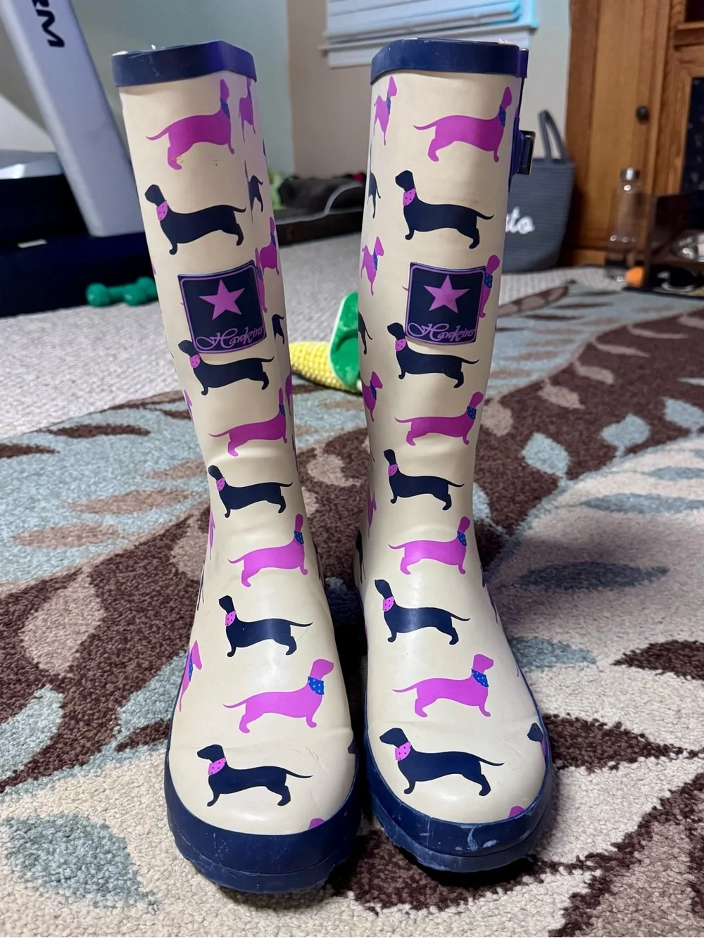 Dachshund Dog Print Rain Boots Womens 10 Cream Pink Rubber Wellington